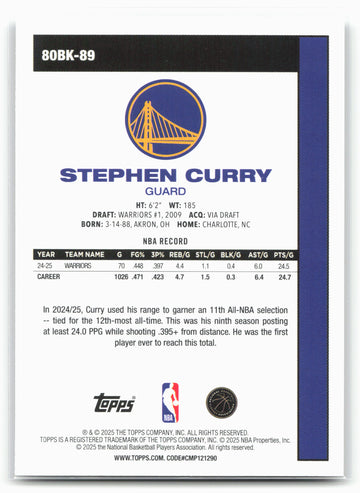2025-26 Topps #80BK-89 Stephen Curry 1980-81 Topps Basketball