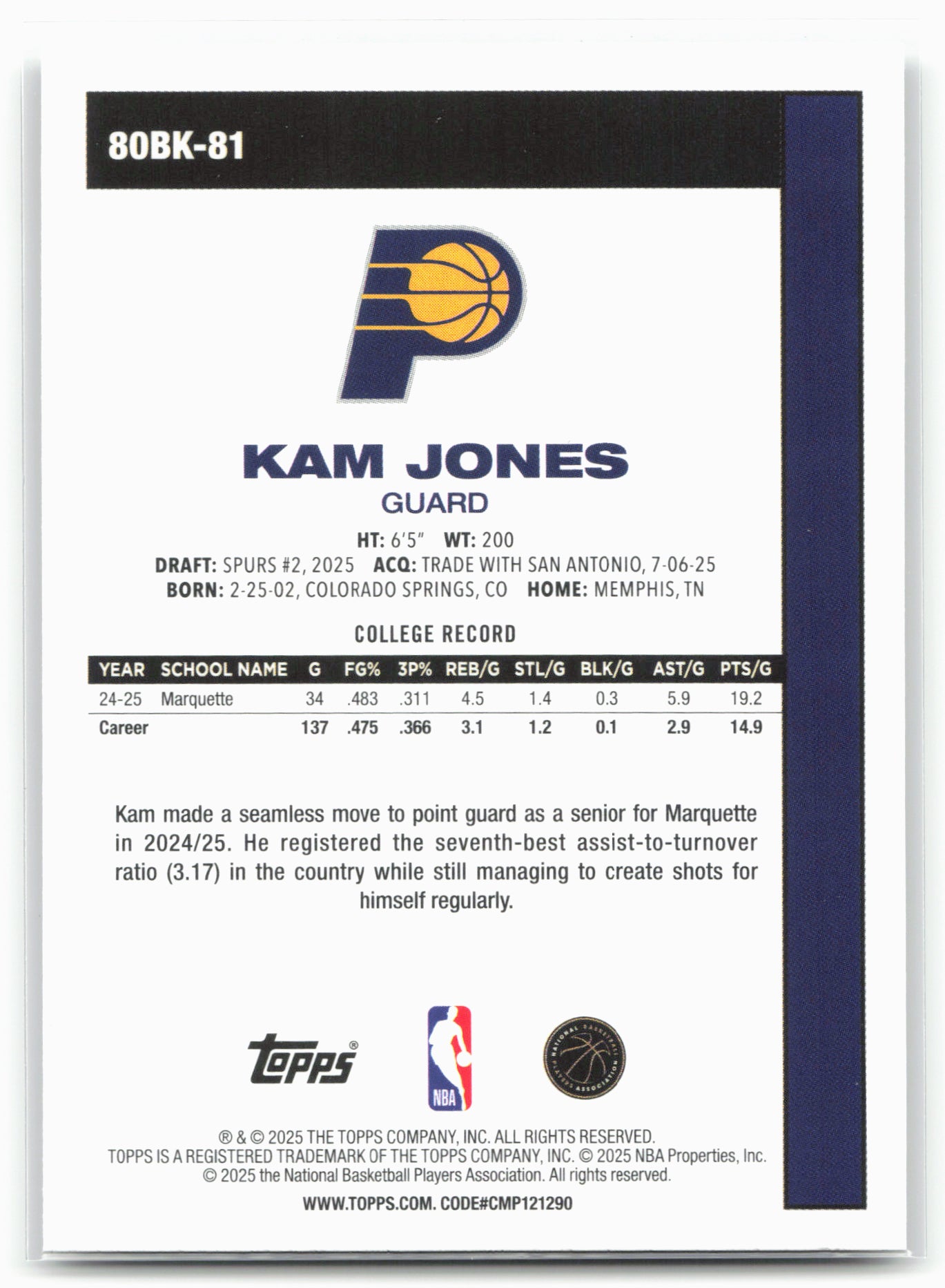 2025-26 Topps #80BK-81 Kam Jones 1980-81 Topps Basketball