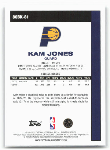 2025-26 Topps #80BK-81 Kam Jones 1980-81 Topps Basketball