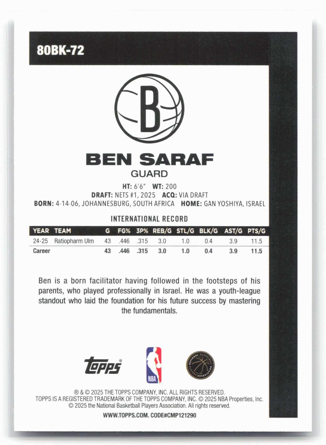 2025-26 Topps #80BK-72 Ben Saraf 1980-81 Topps Basketball 23899