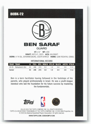 2025-26 Topps #80BK-72 Ben Saraf 1980-81 Topps Basketball 23899