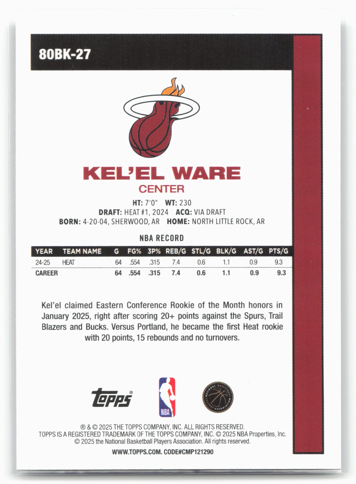 2025-26 Topps #80BK-27 Kel'el Ware 1980-81 Topps Basketball 23900