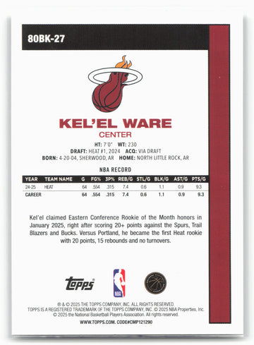 2025-26 Topps #80BK-27 Kel'el Ware 1980-81 Topps Basketball 23900