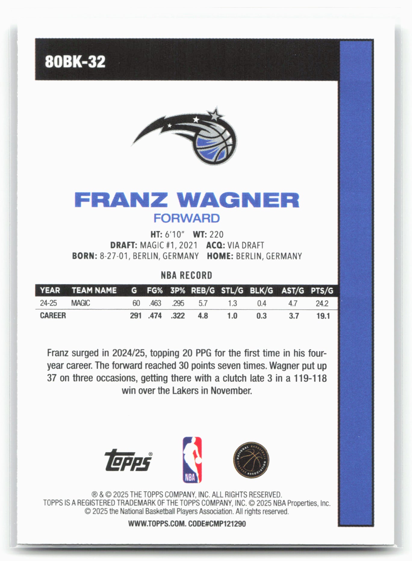 2025-26 Topps #80BK-32 Franz Wagner 1980-81 Topps Basketball 23901