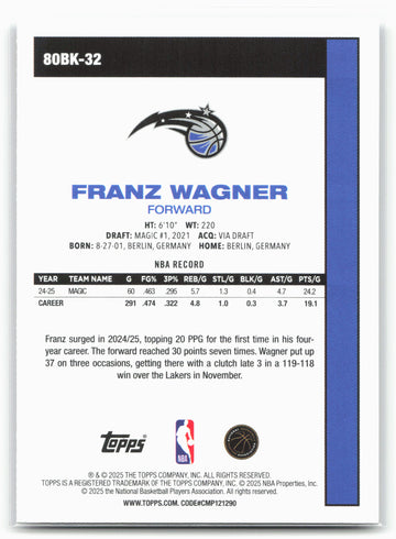 2025-26 Topps #80BK-32 Franz Wagner 1980-81 Topps Basketball 23901