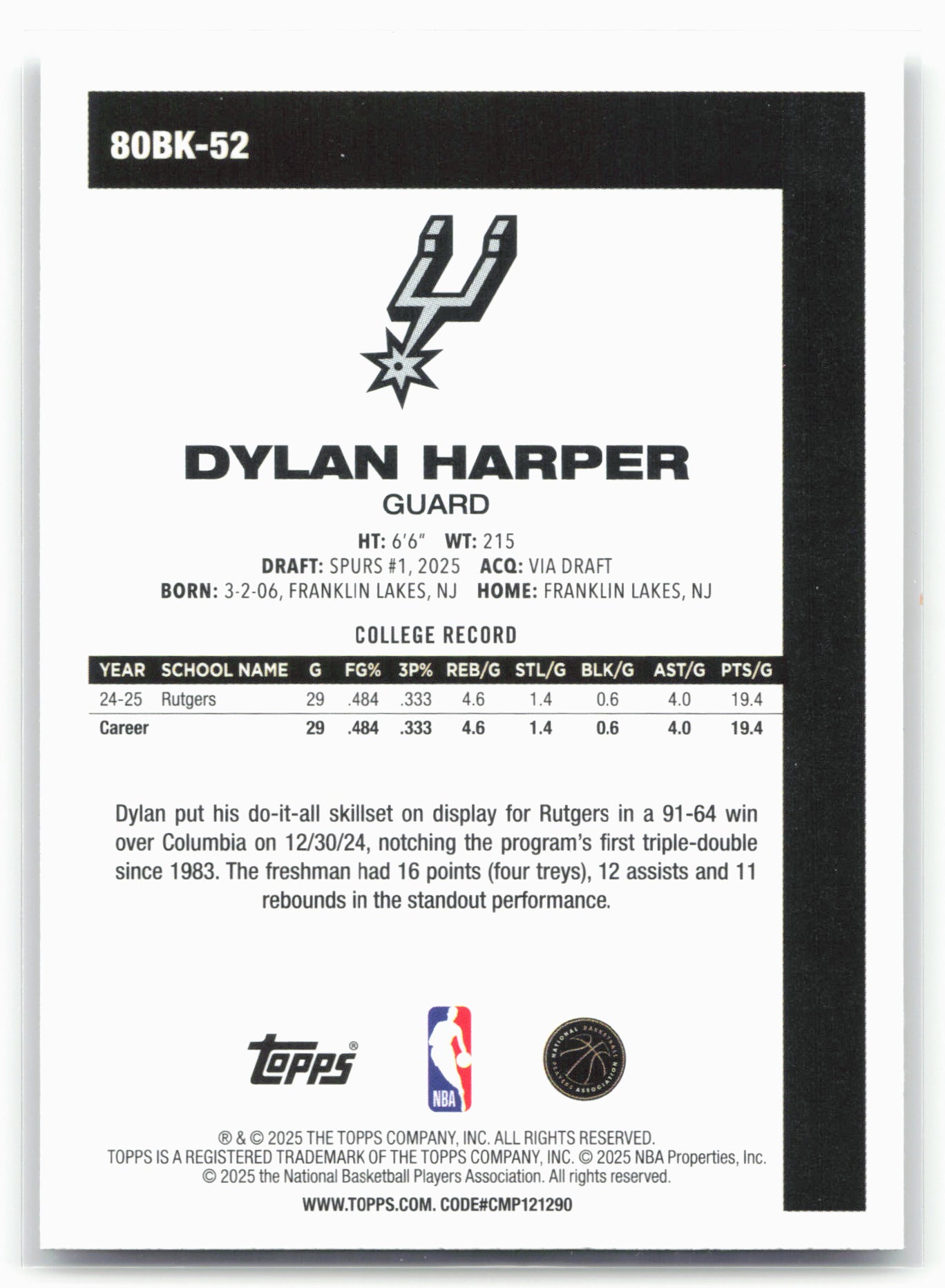 2025-26 Topps #80BK-52 Dylan Harper 1980-81 Topps Basketball 23903