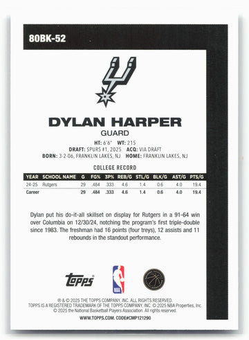 2025-26 Topps #80BK-52 Dylan Harper 1980-81 Topps Basketball 23903