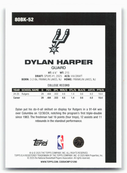 2025-26 Topps #80BK-52 Dylan Harper 1980-81 Topps Basketball 23903