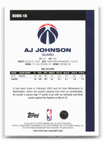 2025-26 Topps #80BK-18 AJ Johnson 1980-81 Topps Basketball 23905
