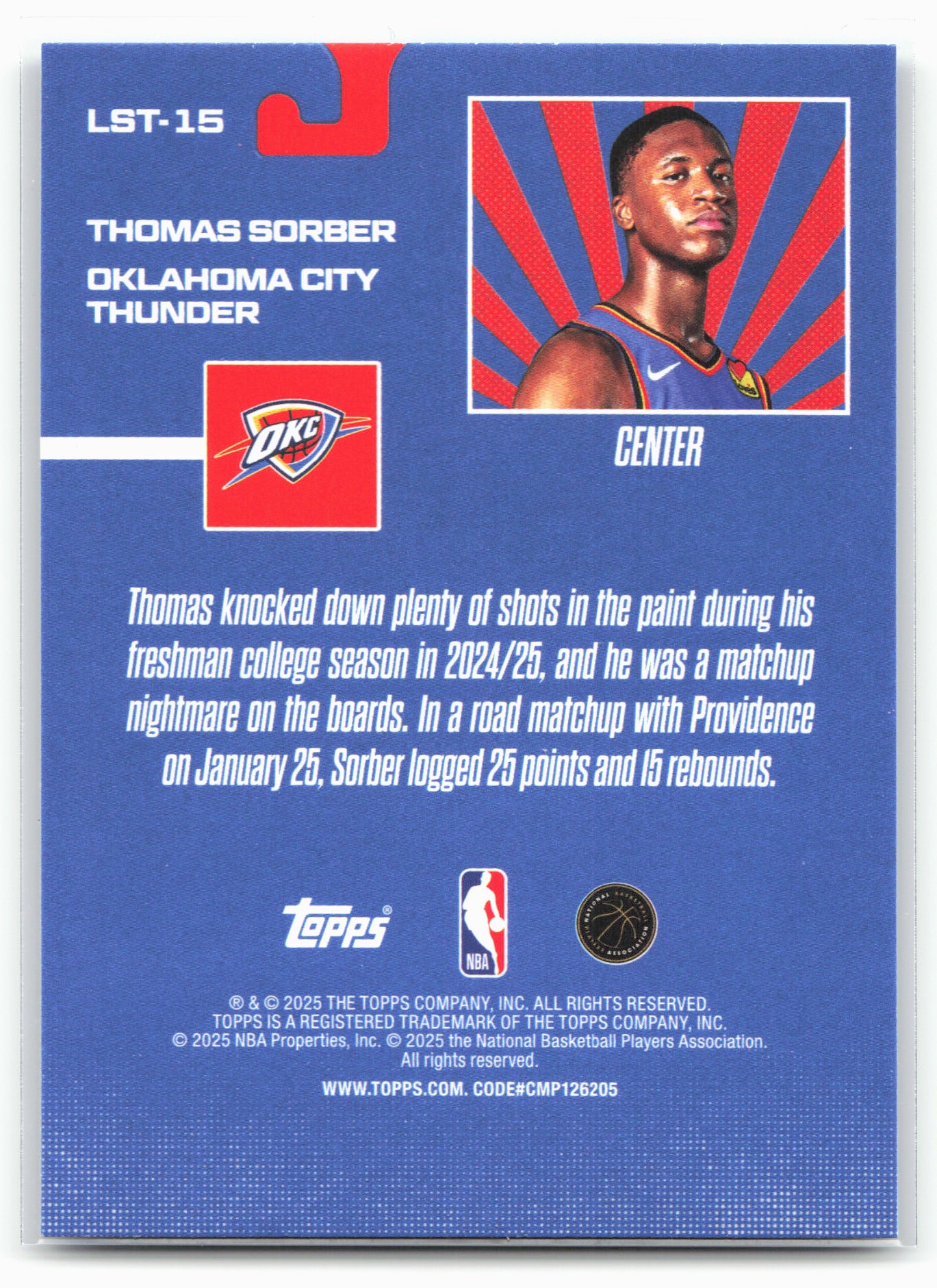 2025-26 Topps #LST-15 Thomas Sorber Limited Stock Legends