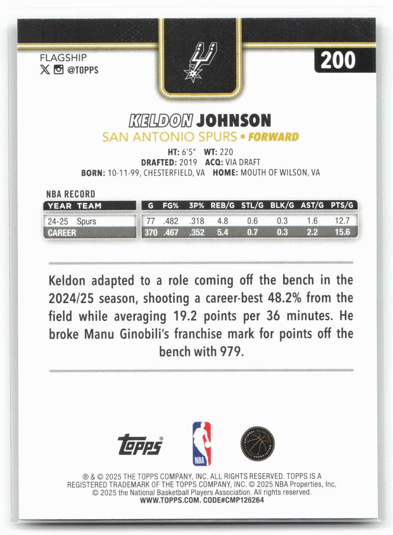 2025-26 Topps #200 Keldon Johnson Blackout