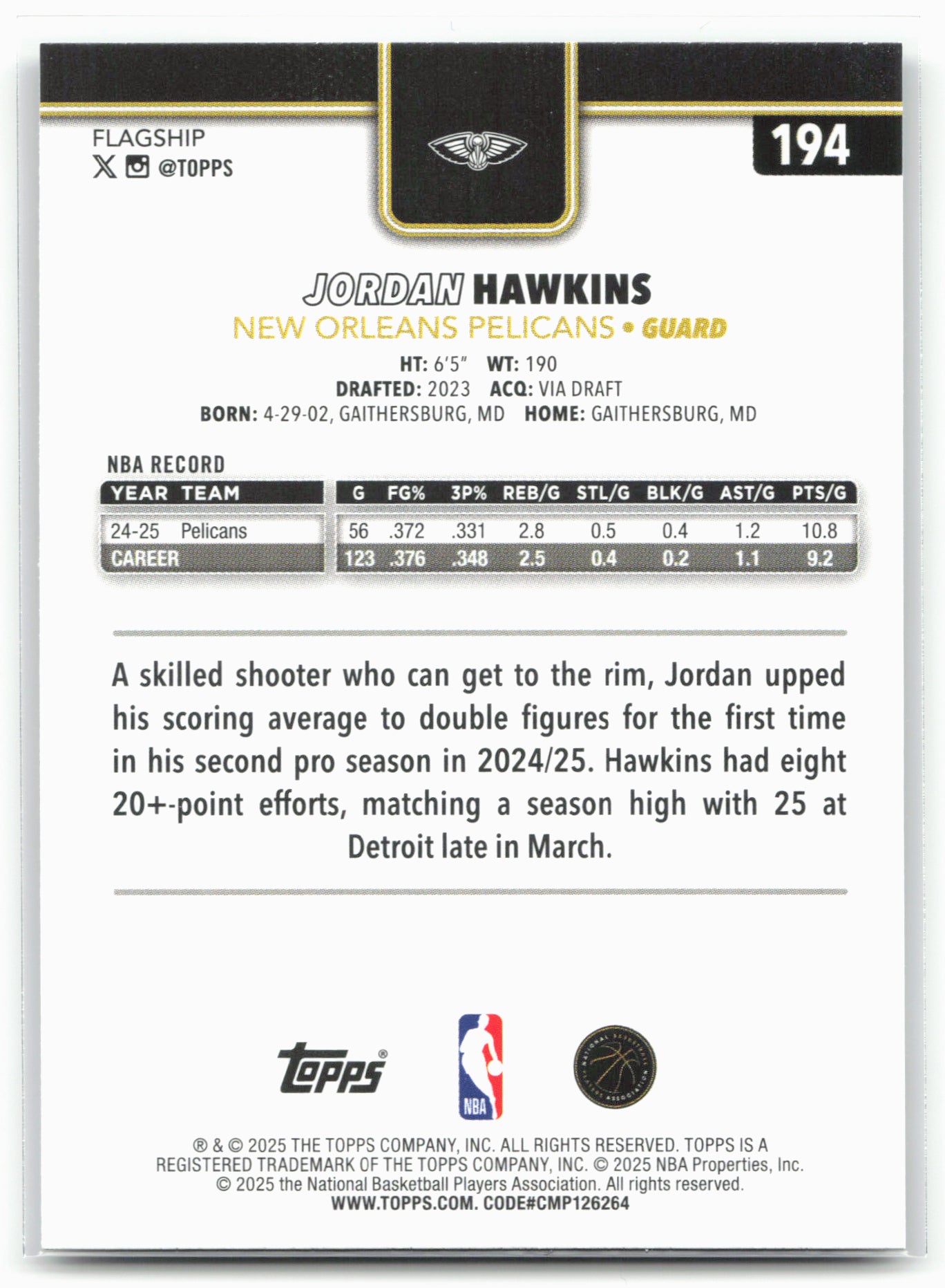 2025-26 Topps #194 Jordan Hawkins Blackout