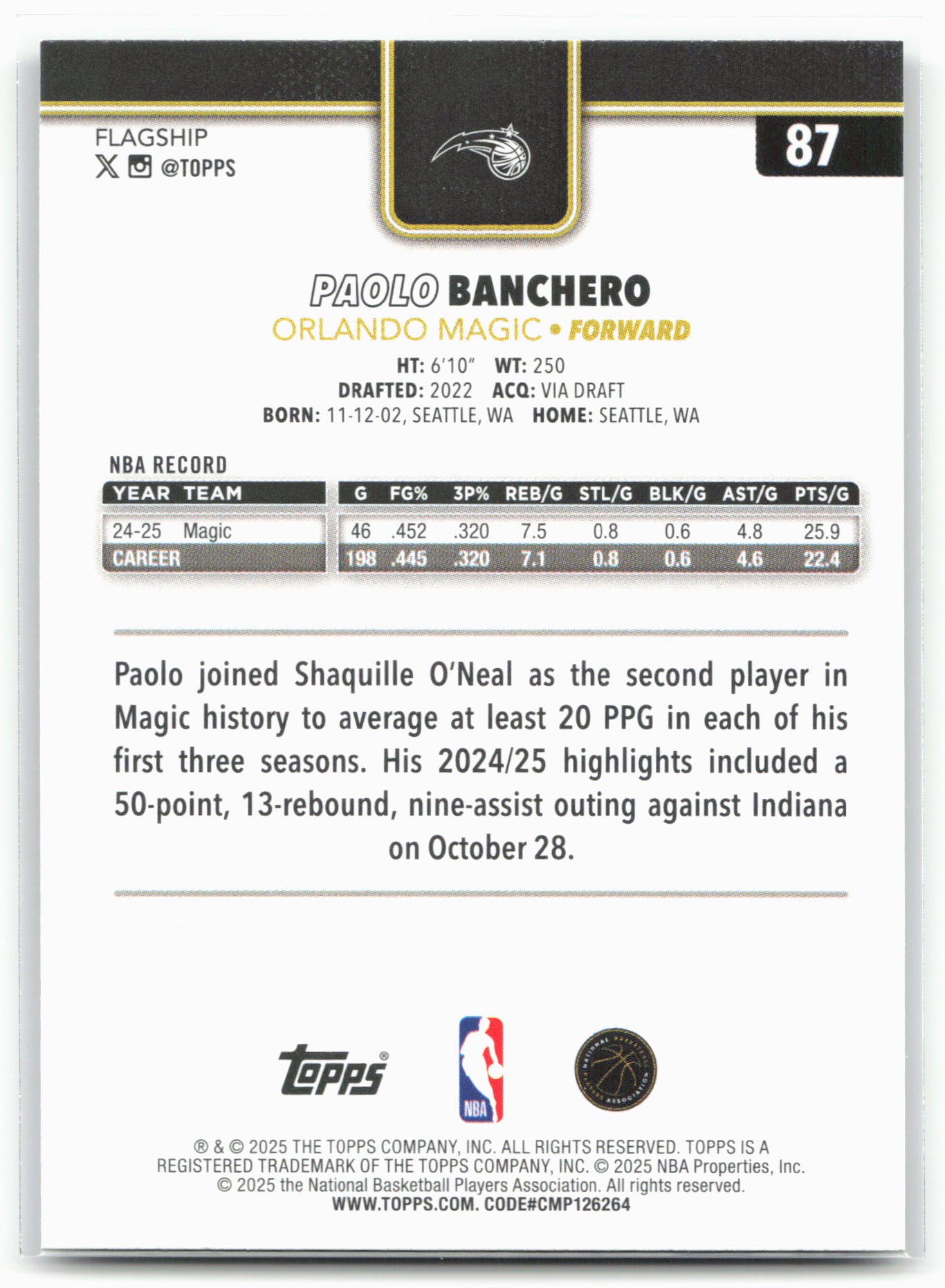 2025-26 Topps #87 Paolo Banchero Blackout