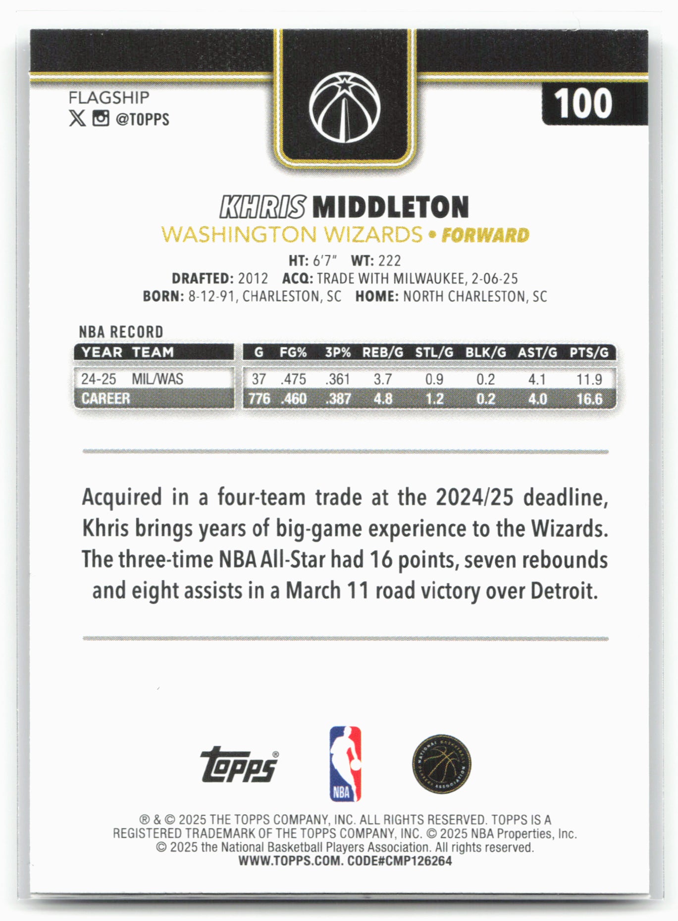 2025-26 Topps #100 Khris Middleton Blackout