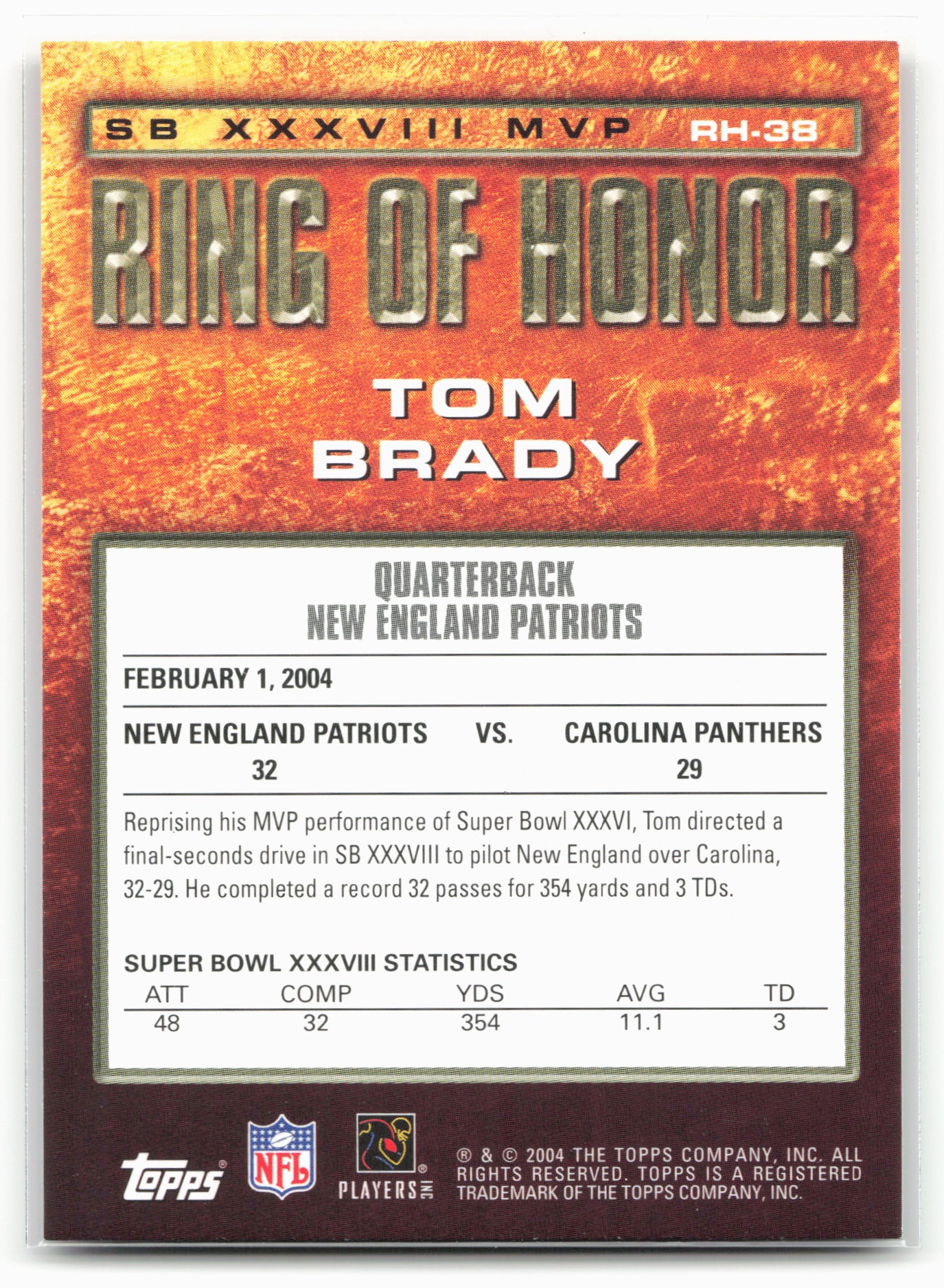 2004 Topps Chrome #RH-38 Tom Brady Ring of Honor: Tom Brady