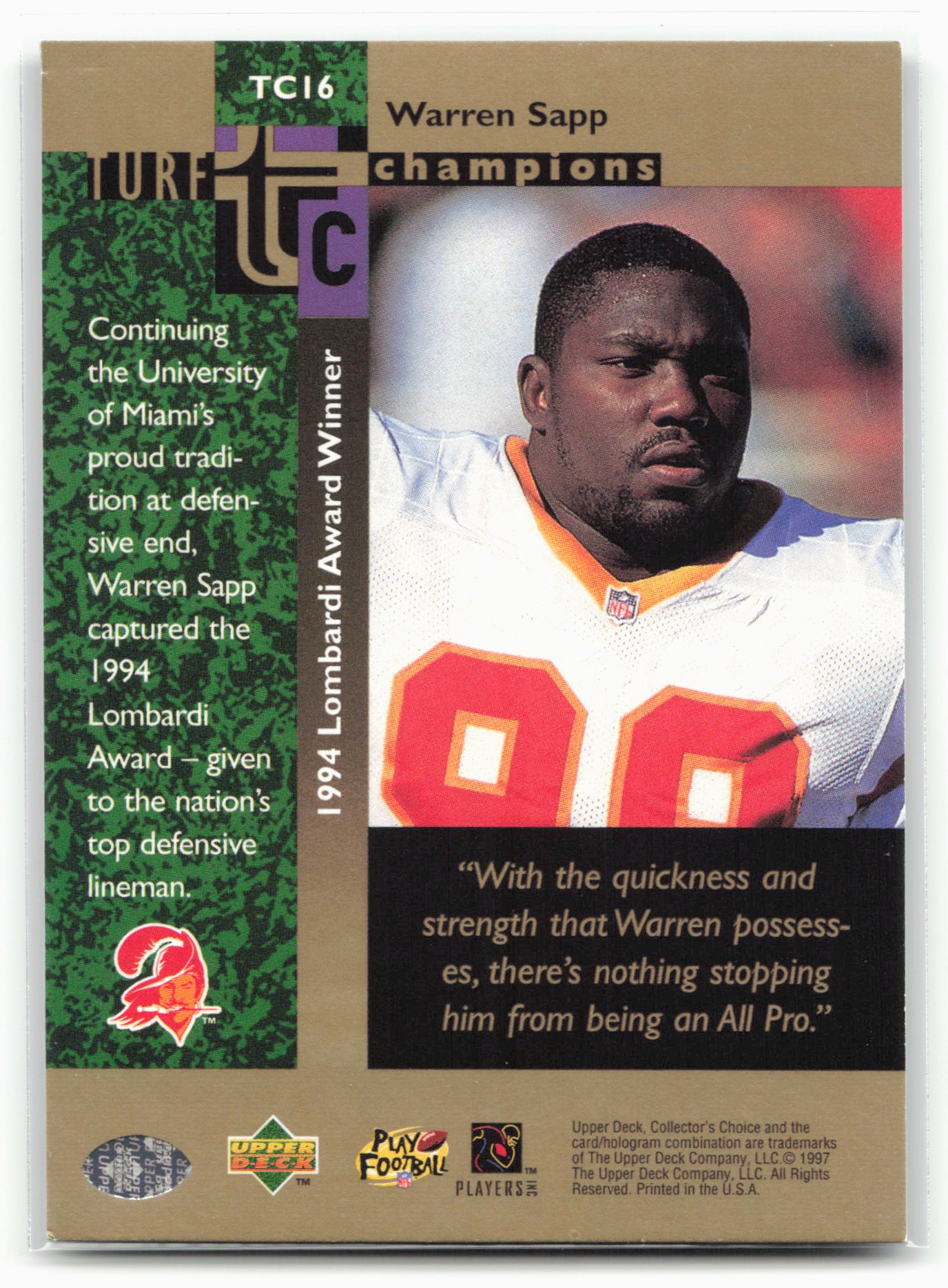 1997 Collector's Choice #TC16 Warren Sapp Turf Champions