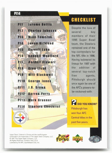 1997 Collector's Choice Pittsburgh Steelers #PI14 Checklist
