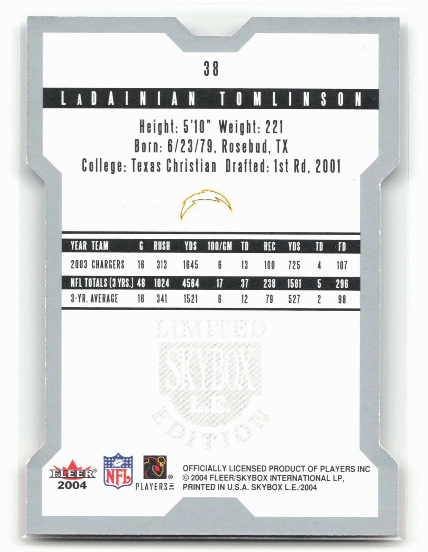 2004 SkyBox LE #38 LaDainian Tomlinson