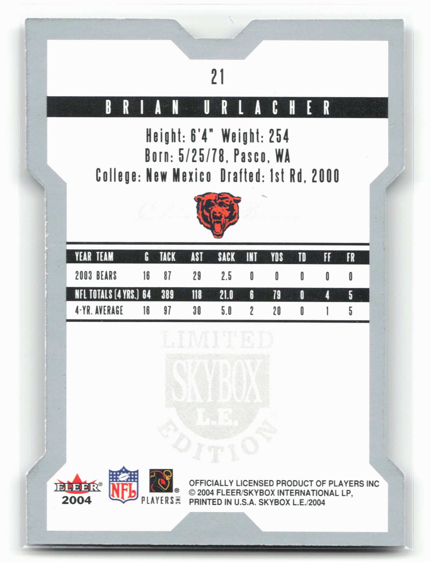 2004 SkyBox LE #21 Brian Urlacher
