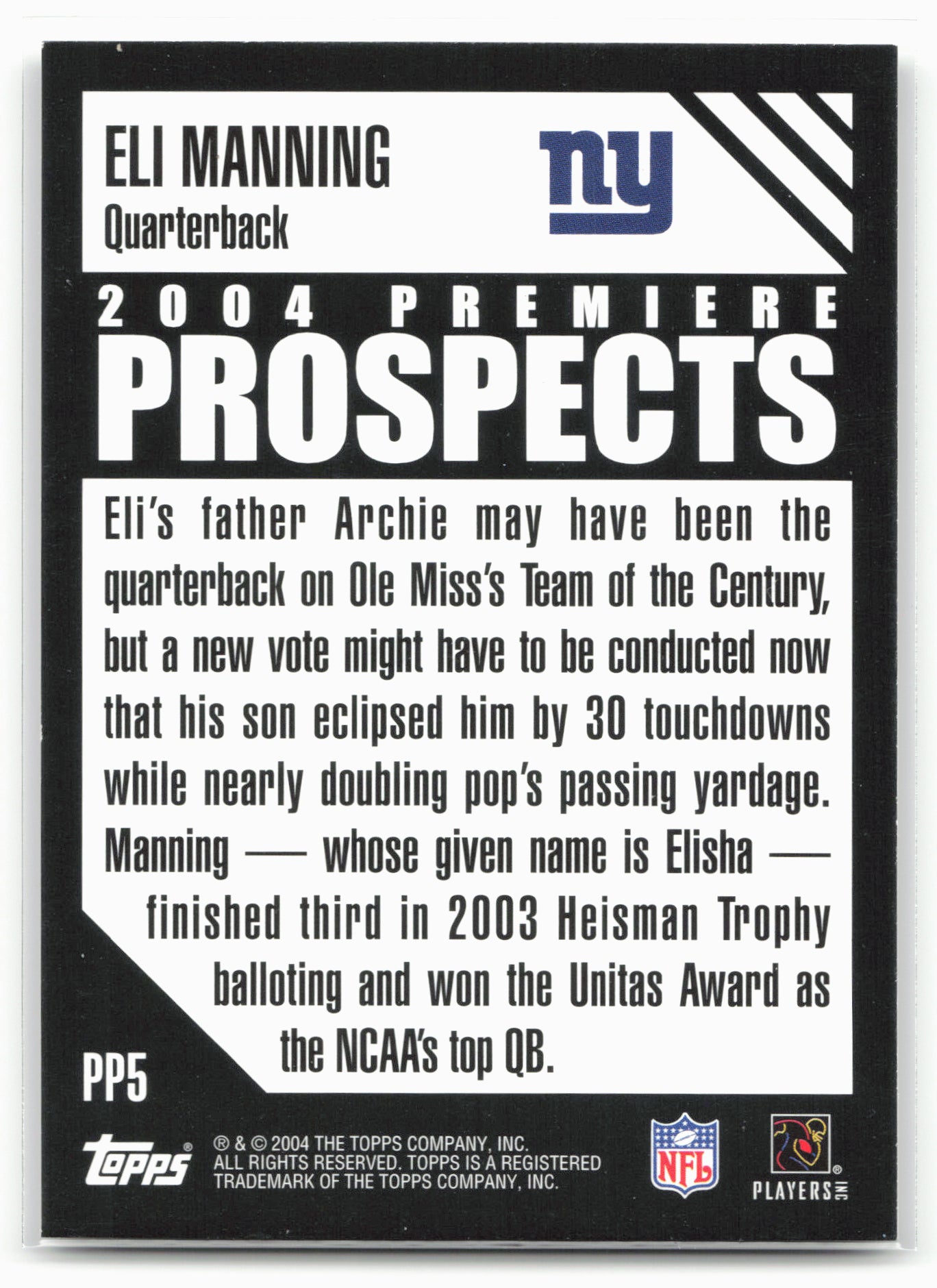 2004 Topps #PP5 Eli Manning Premiere Prospects