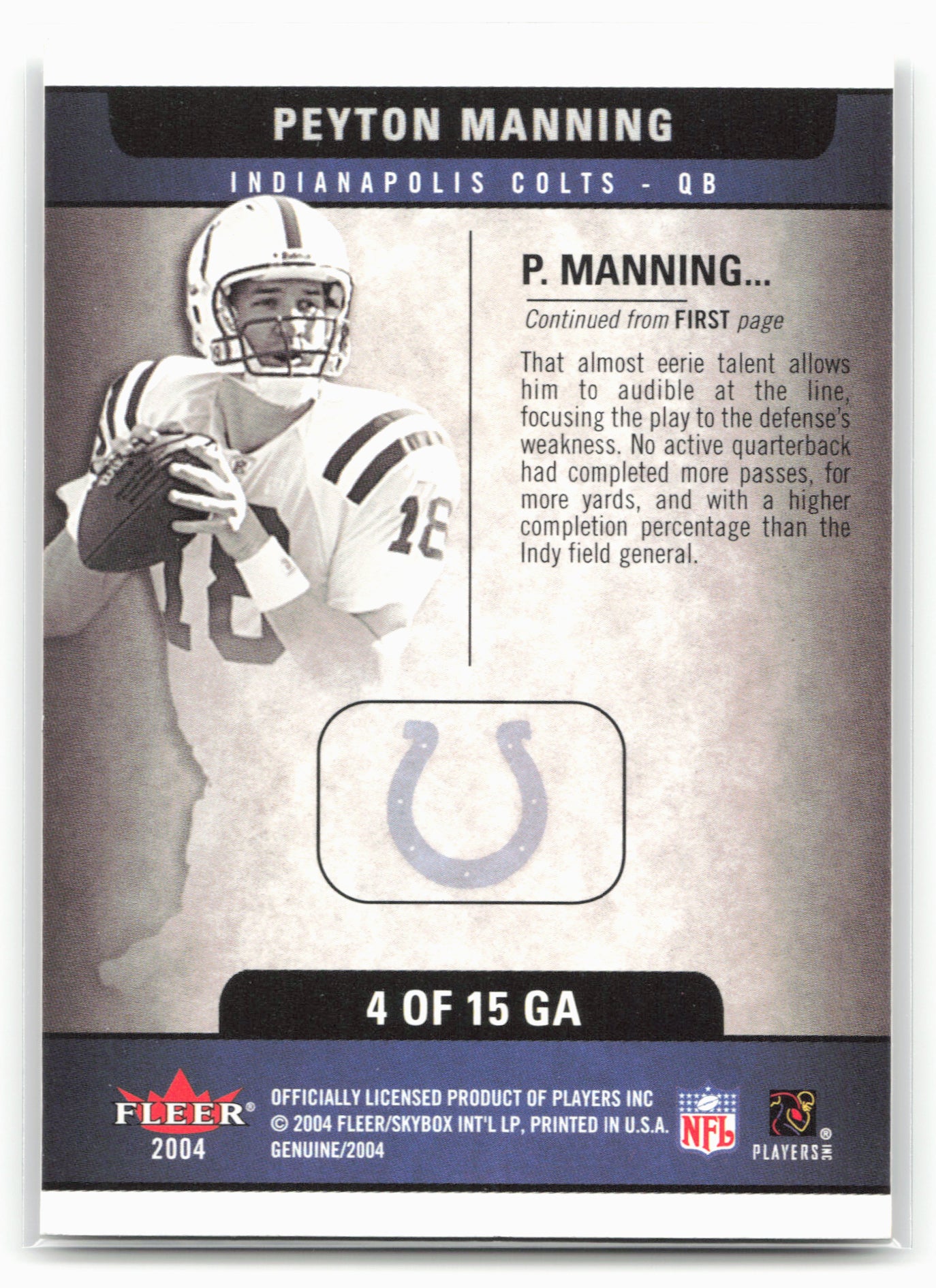 2004 Fleer Genuine #4 GA Peyton Manning Genuine Article