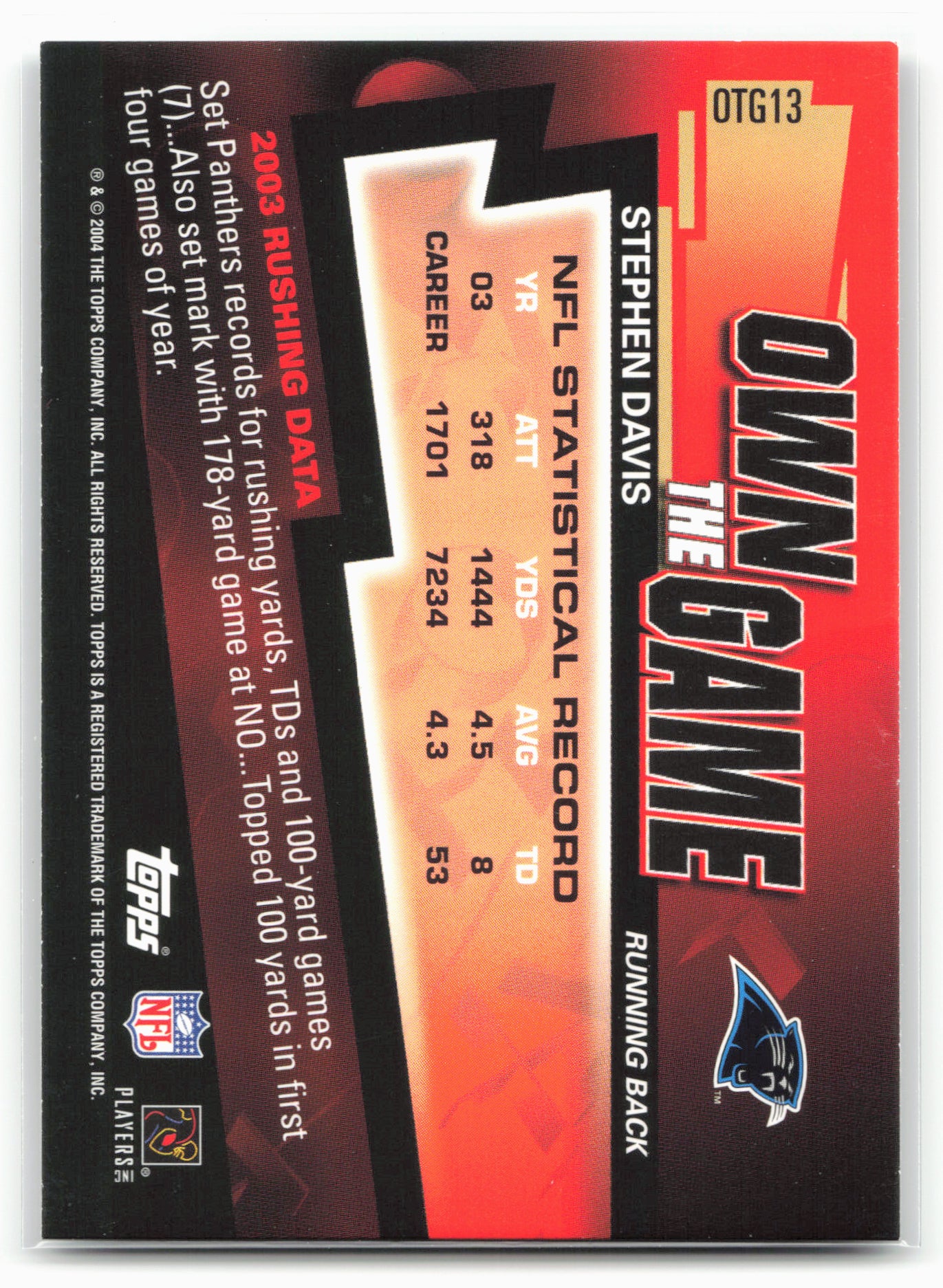 2004 Topps #OTG13 Stephen Davis Own the Game
