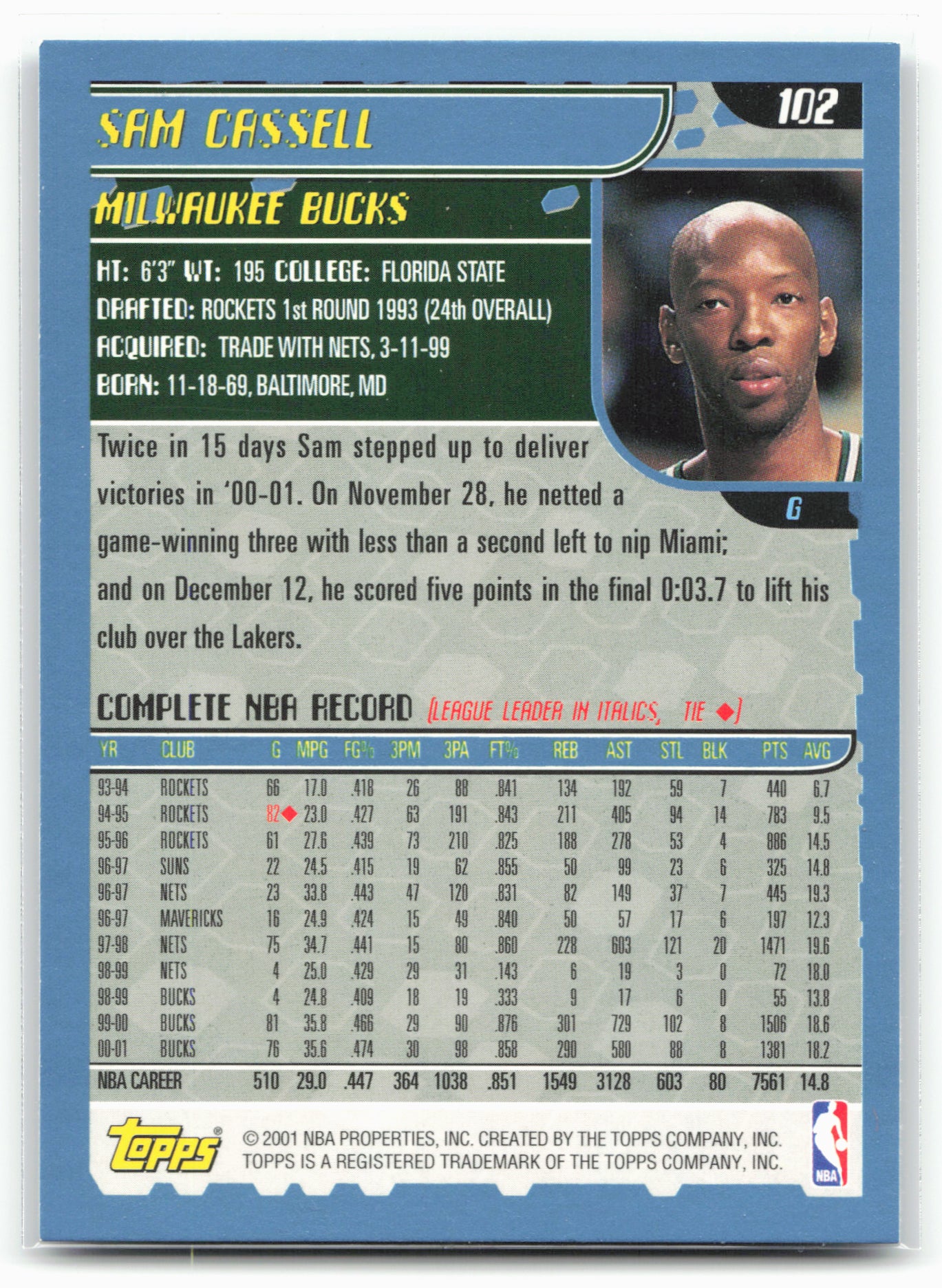 2001-02 Topps #102 Sam Cassell