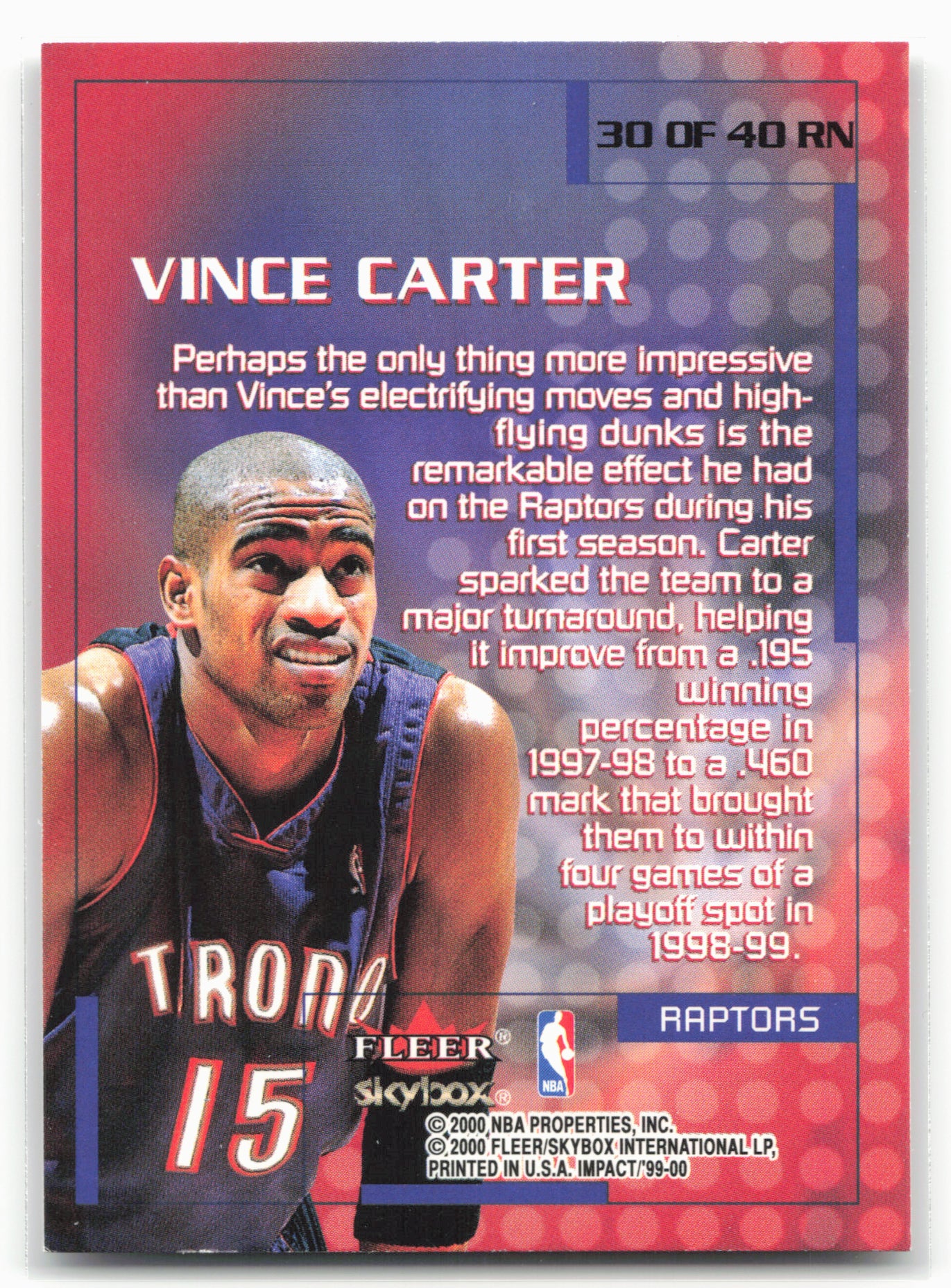 1999-00 SkyBox Impact #30 RN Vince Carter Rewind '99