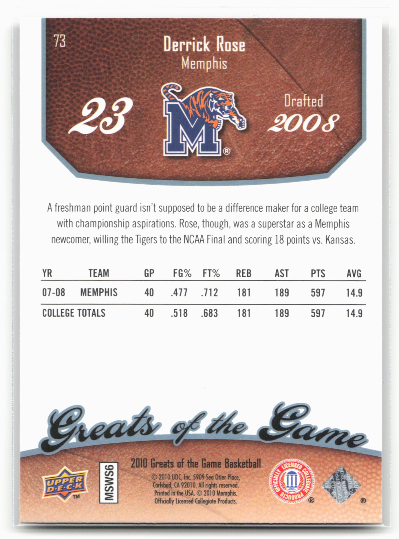 2009-10 Upper Deck Greats of the Game #73 Derrick Rose