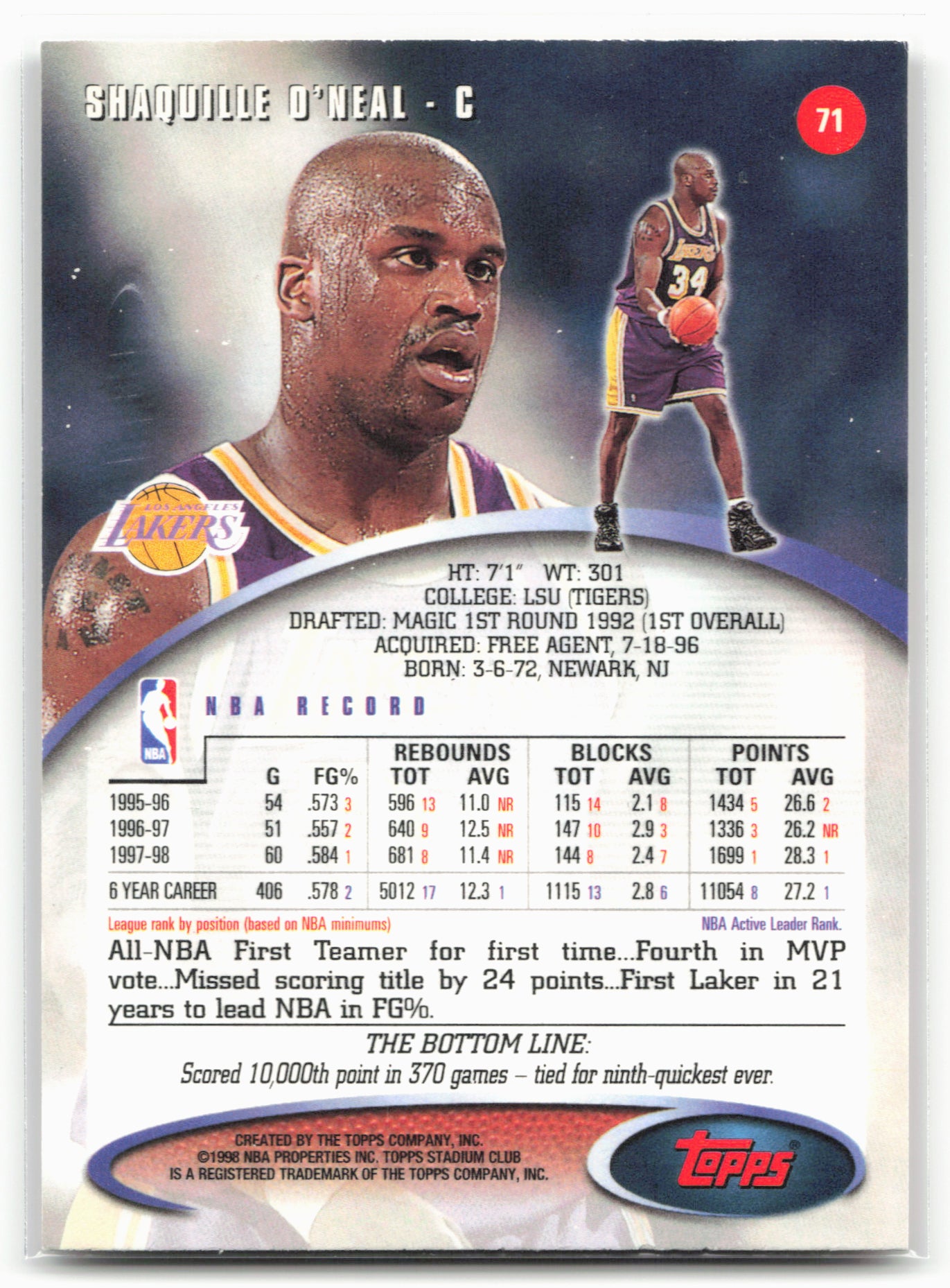 1998-99 Stadium Club #71 Shaquille O'Neal