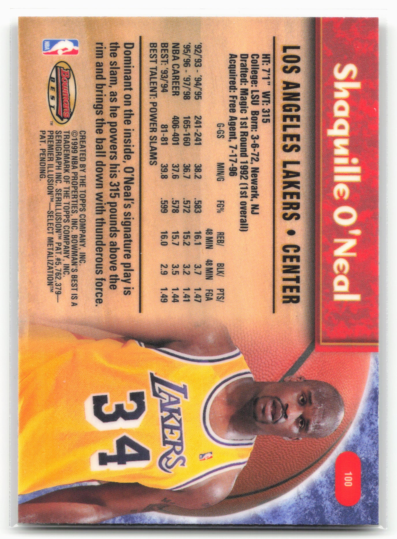 1998-99 Bowman's Best #100 Shaquille O'Neal