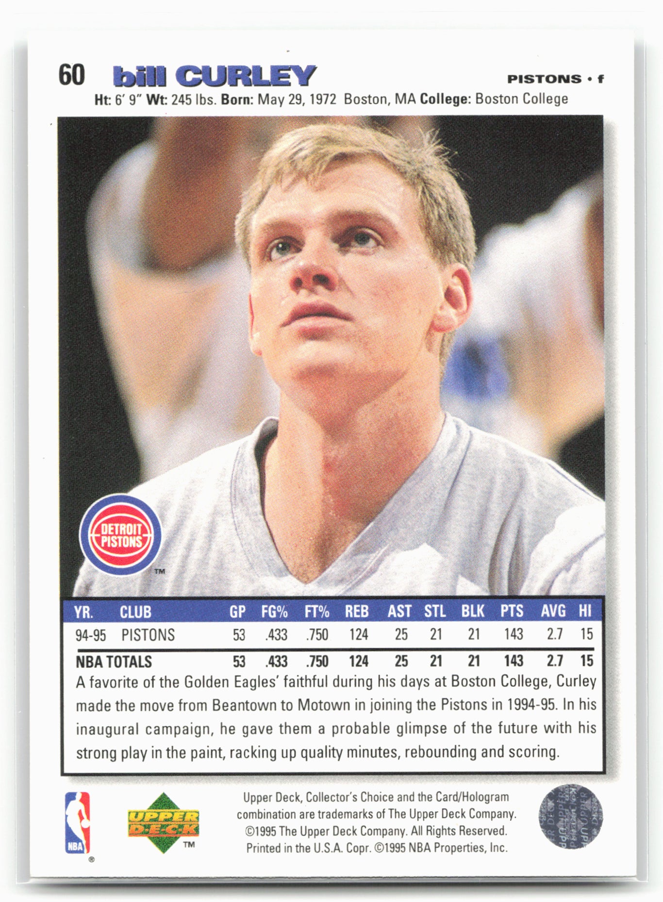 1995-96 Collector's Choice #60 Bill Curley Player's Club