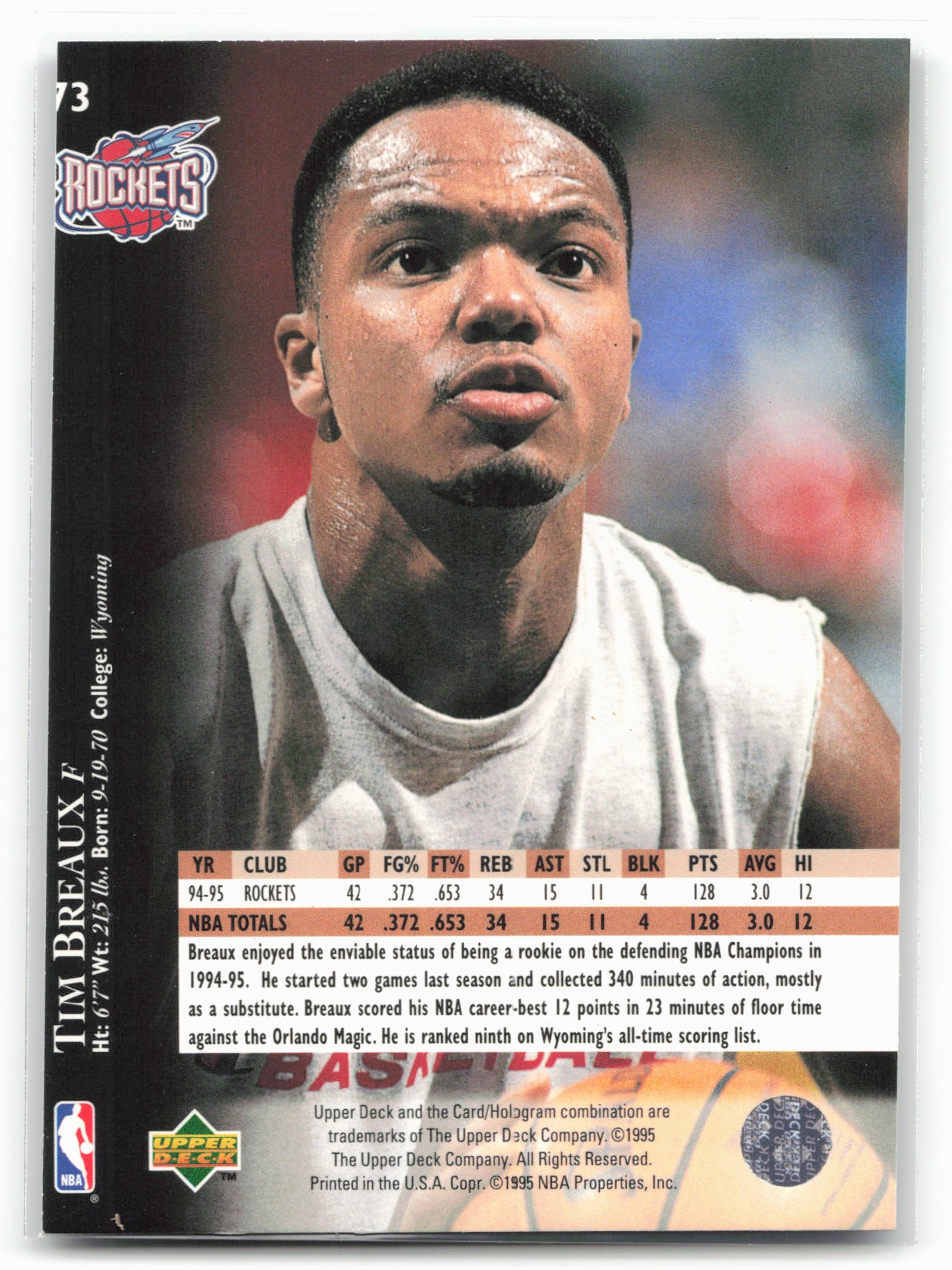 1995-96 Upper Deck #73 Tim Breaux Electric Court