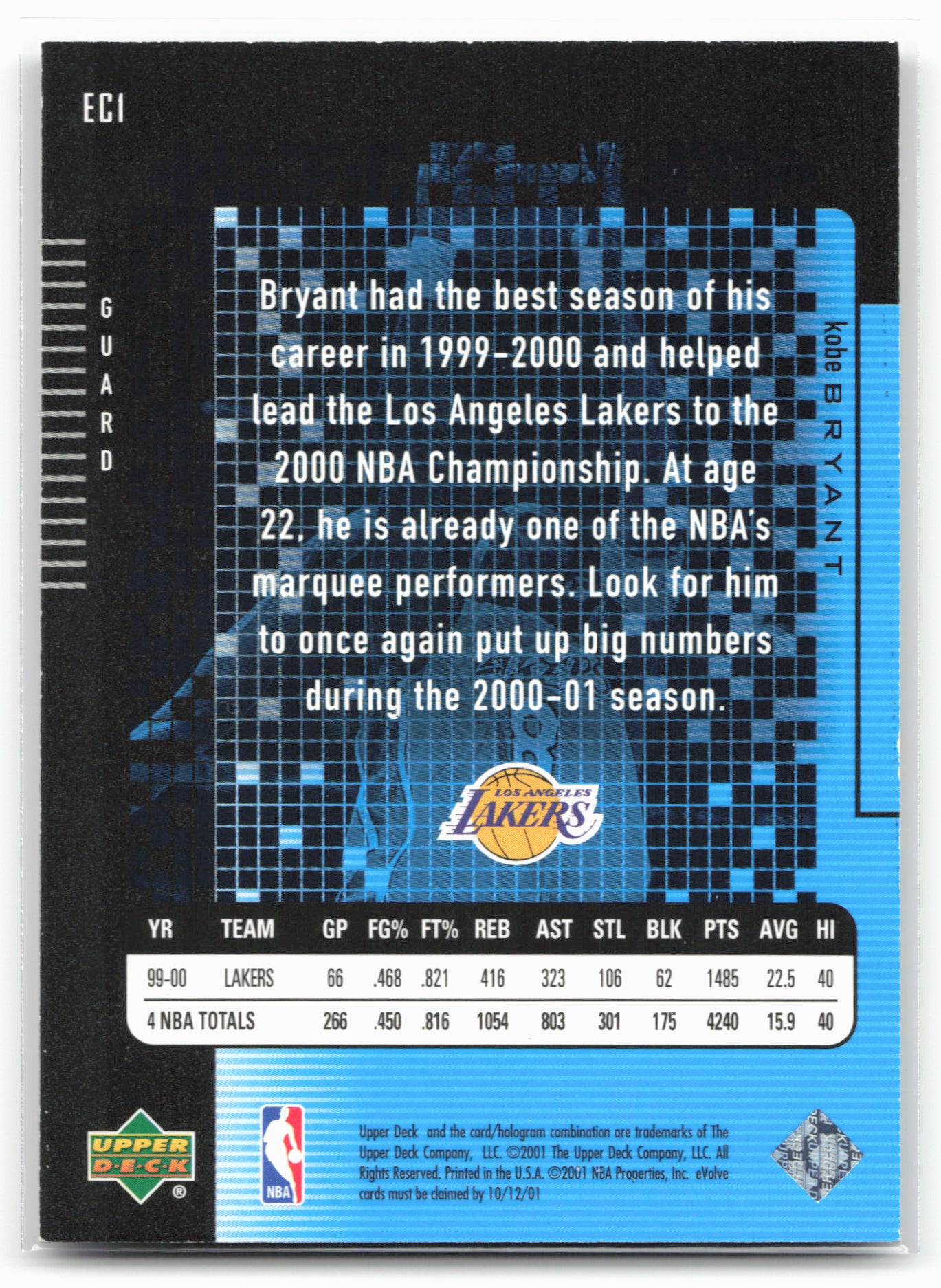2000-01 Upper Deck #EC1 Kobe Bryant e-Cards (Series Two) 24053