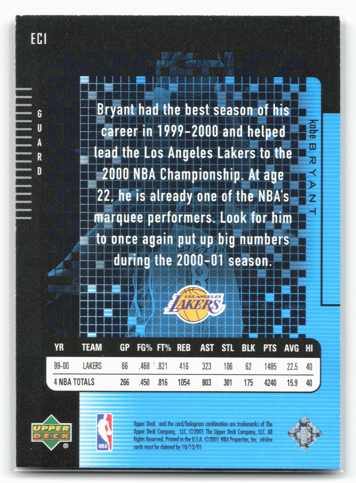 2000-01 Upper Deck #EC1 Kobe Bryant e-Cards (Series Two)