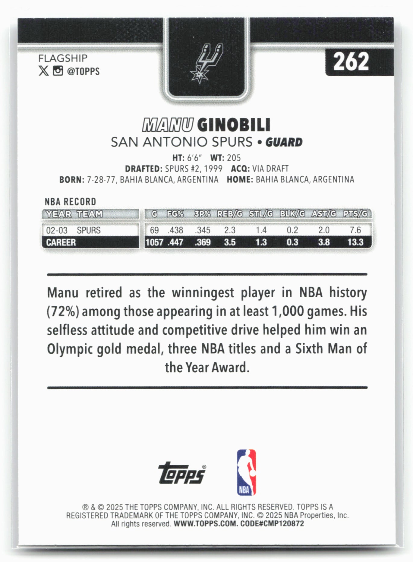 2025-26 Topps #262 Manu Ginobili Crackleboard