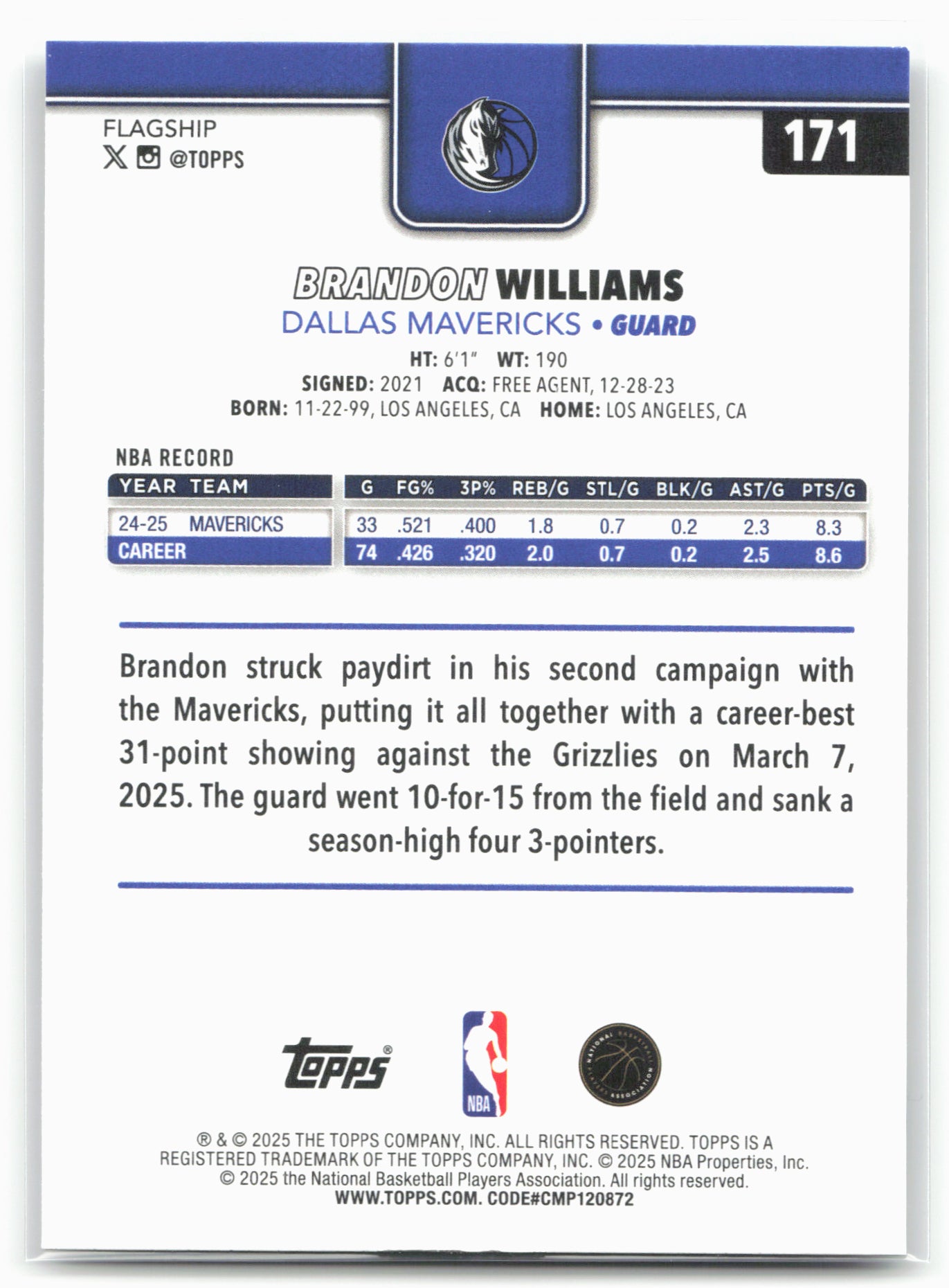 2025-26 Topps #171 Brandon Williams Crackleboard