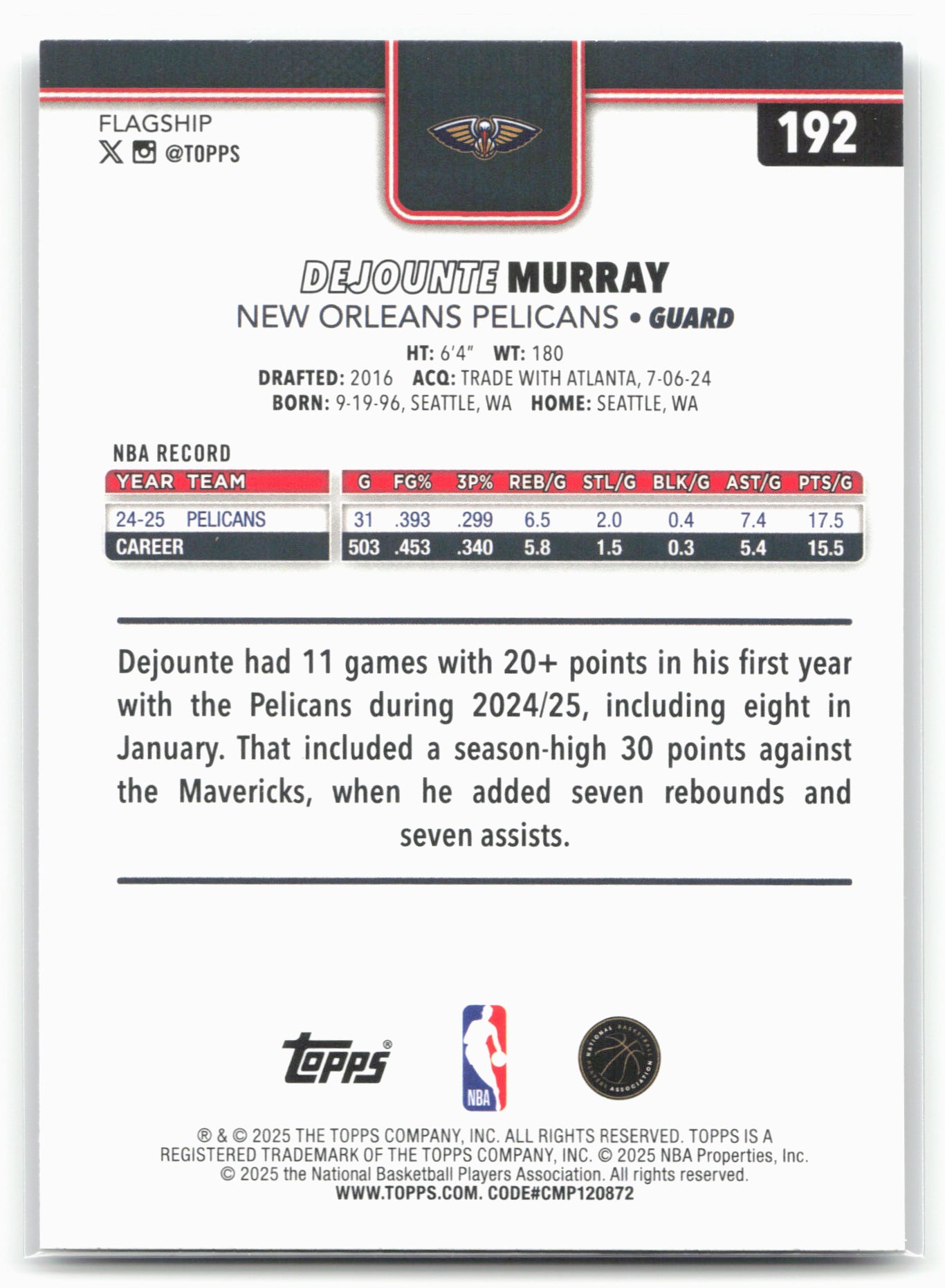 2025-26 Topps #192 Dejounte Murray Crackleboard