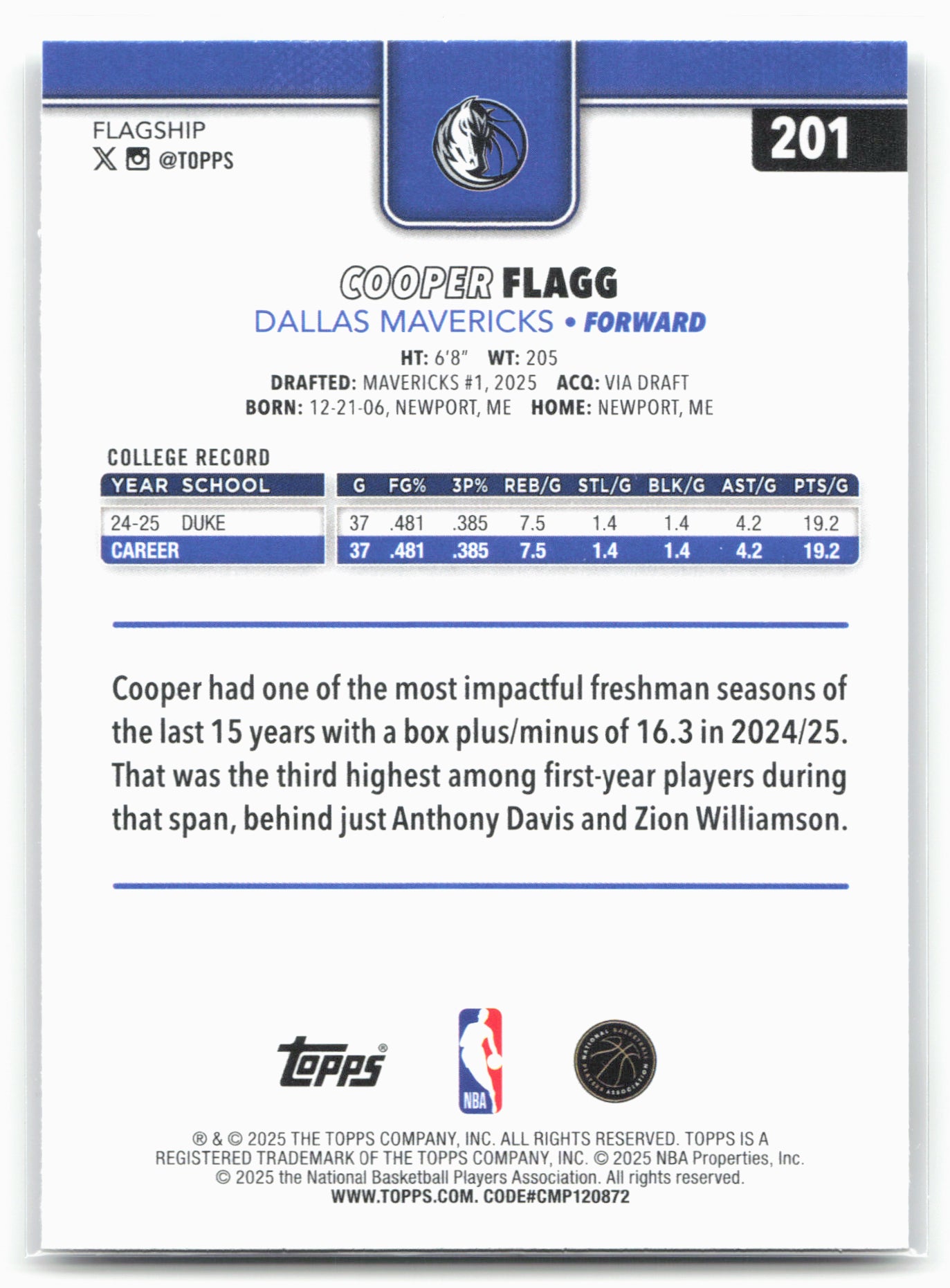 2025-26 Topps #201 Cooper Flagg 24112