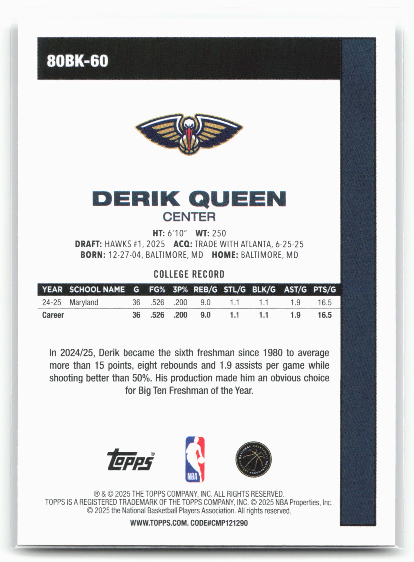 2025-26 Topps #80BK-60 Derik Queen 1980-81 Topps Basketball