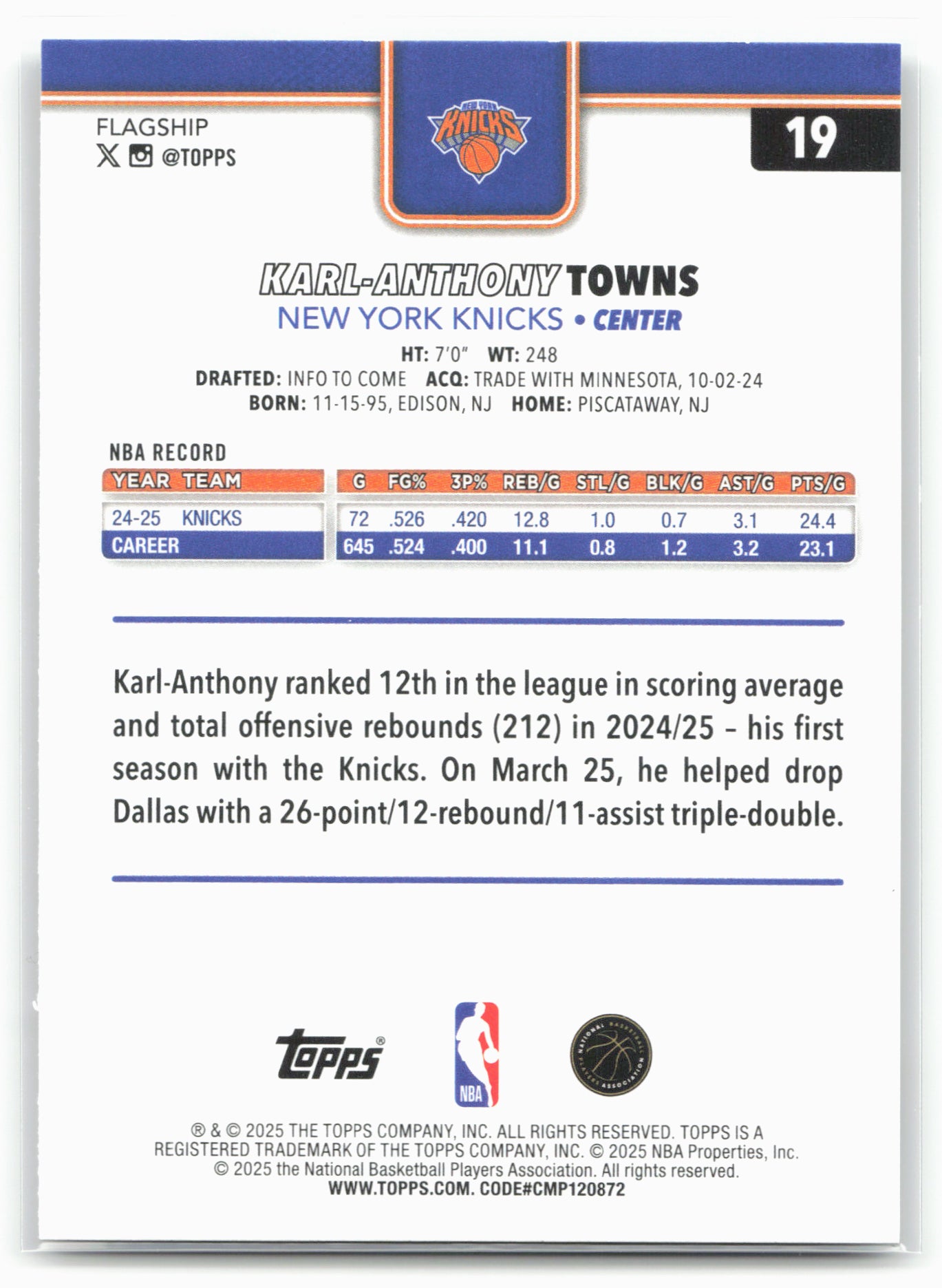 2025-26 Topps #19 Karl-Anthony Towns Rainbow Foilboard