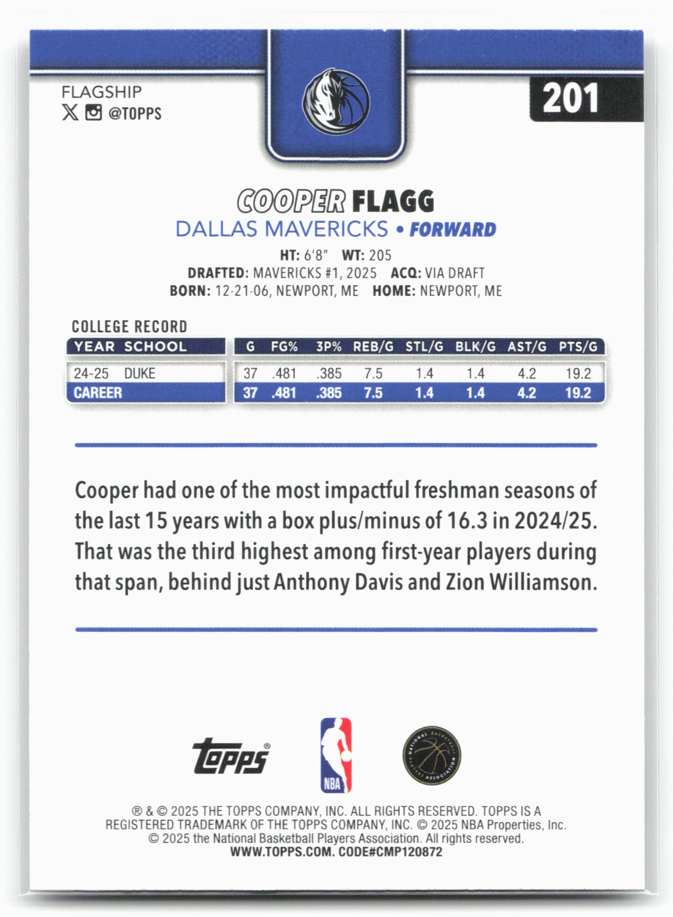 2025-26 Topps #201 Cooper Flagg Crackleboard