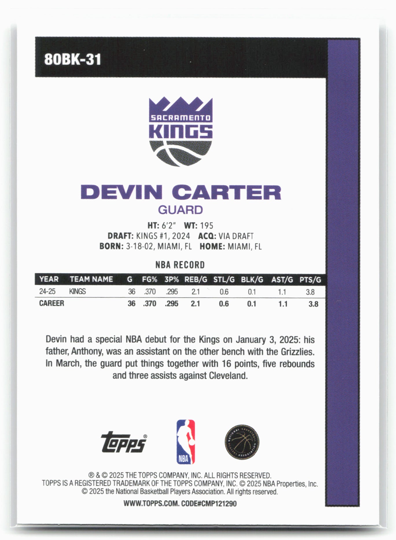 2025-26 Topps #80BK-31 Devin Carter 1980-81 Topps Basketball 24125