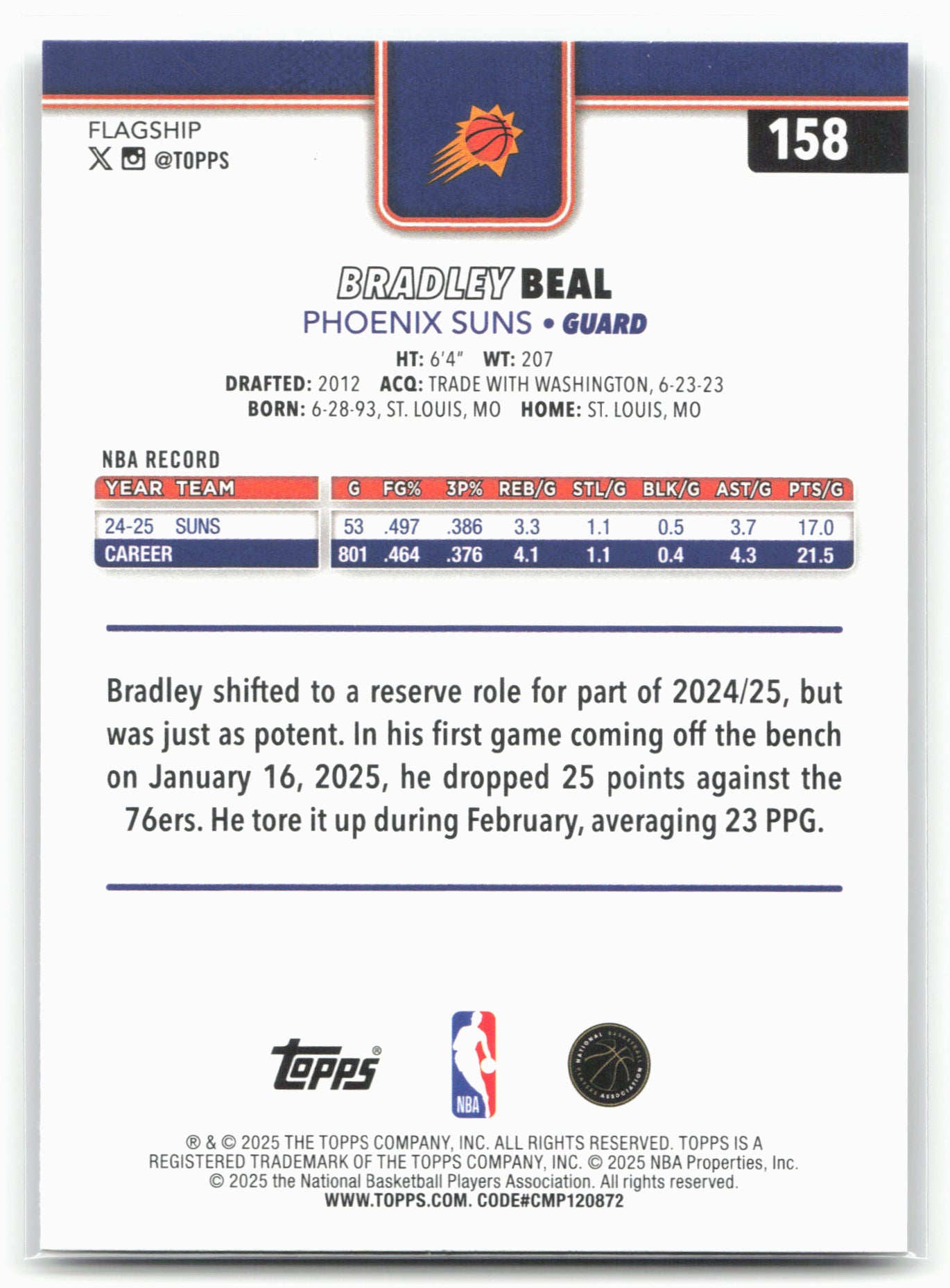 2025-26 Topps #158 Bradley Beal Rainbow Foilboard