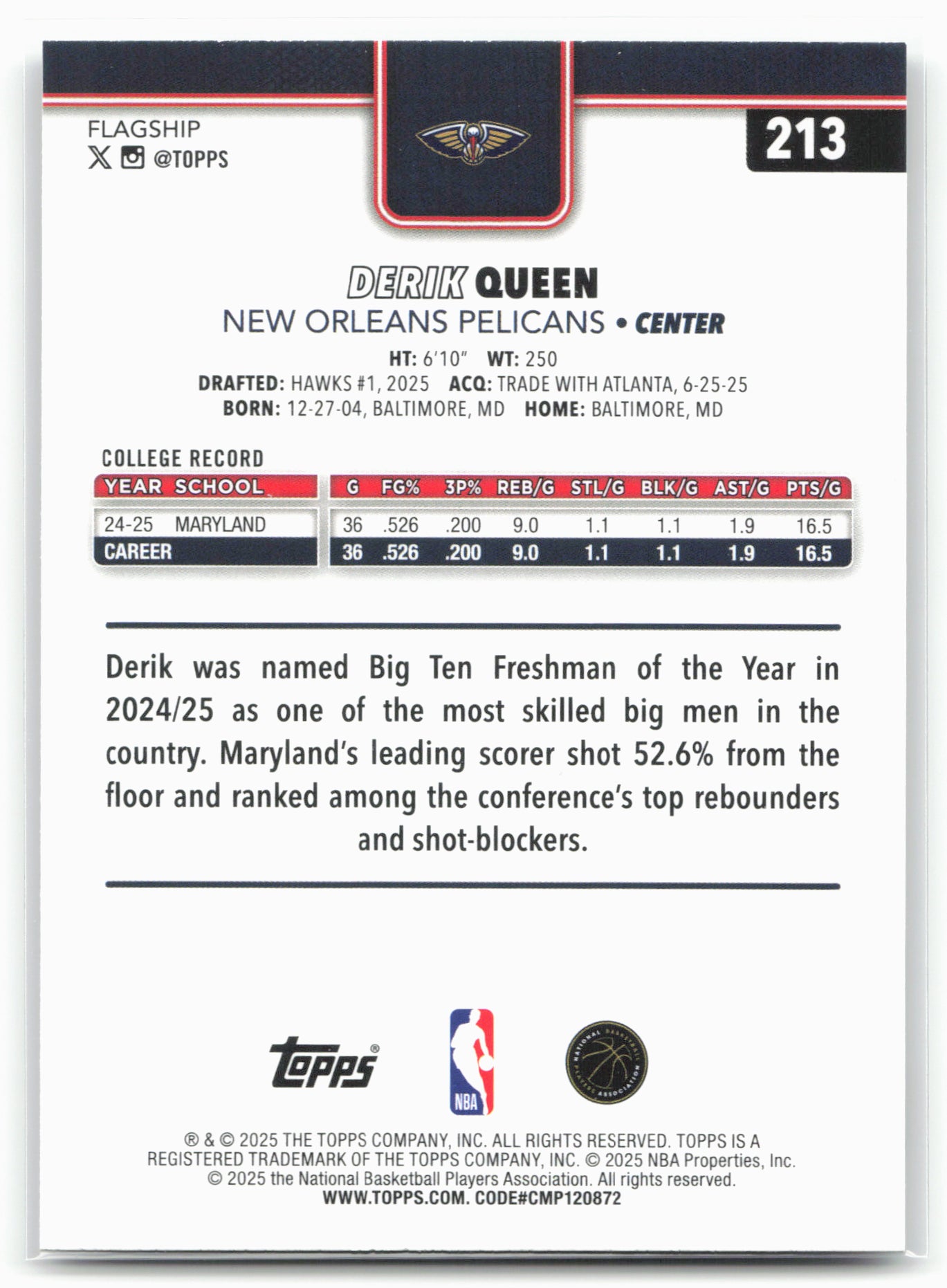 2025-26 Topps #213 Derik Queen Crackleboard