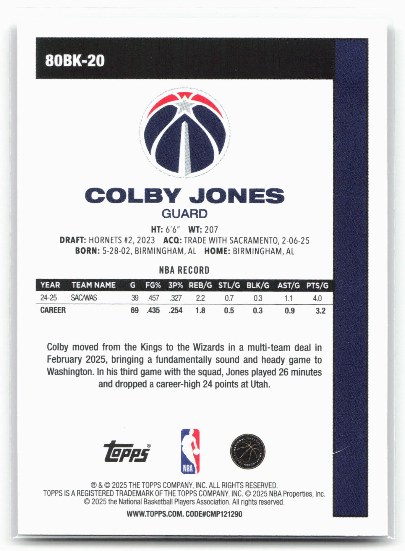 2025-26 Topps #80BK-20 Colby Jones 1980-81 Topps Basketball