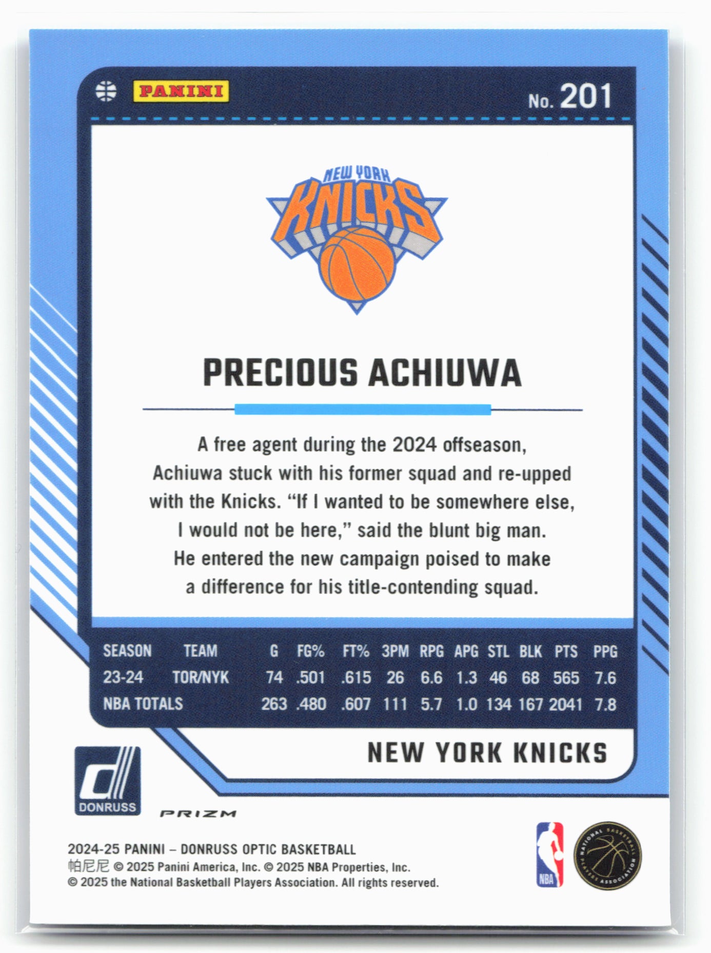 2024-25 Donruss Optic #201 Precious Achiuwa Blue Velocity