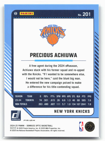 2024-25 Donruss Optic #201 Precious Achiuwa Blue Velocity