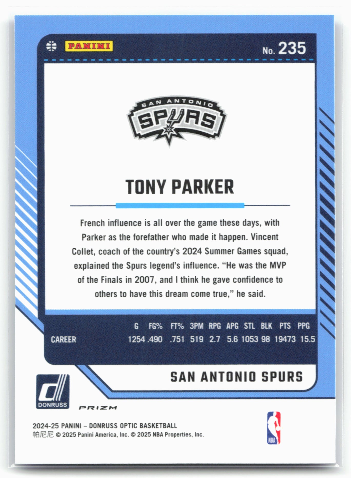 2024-25 Donruss Optic #235 Tony Parker Blue Velocity