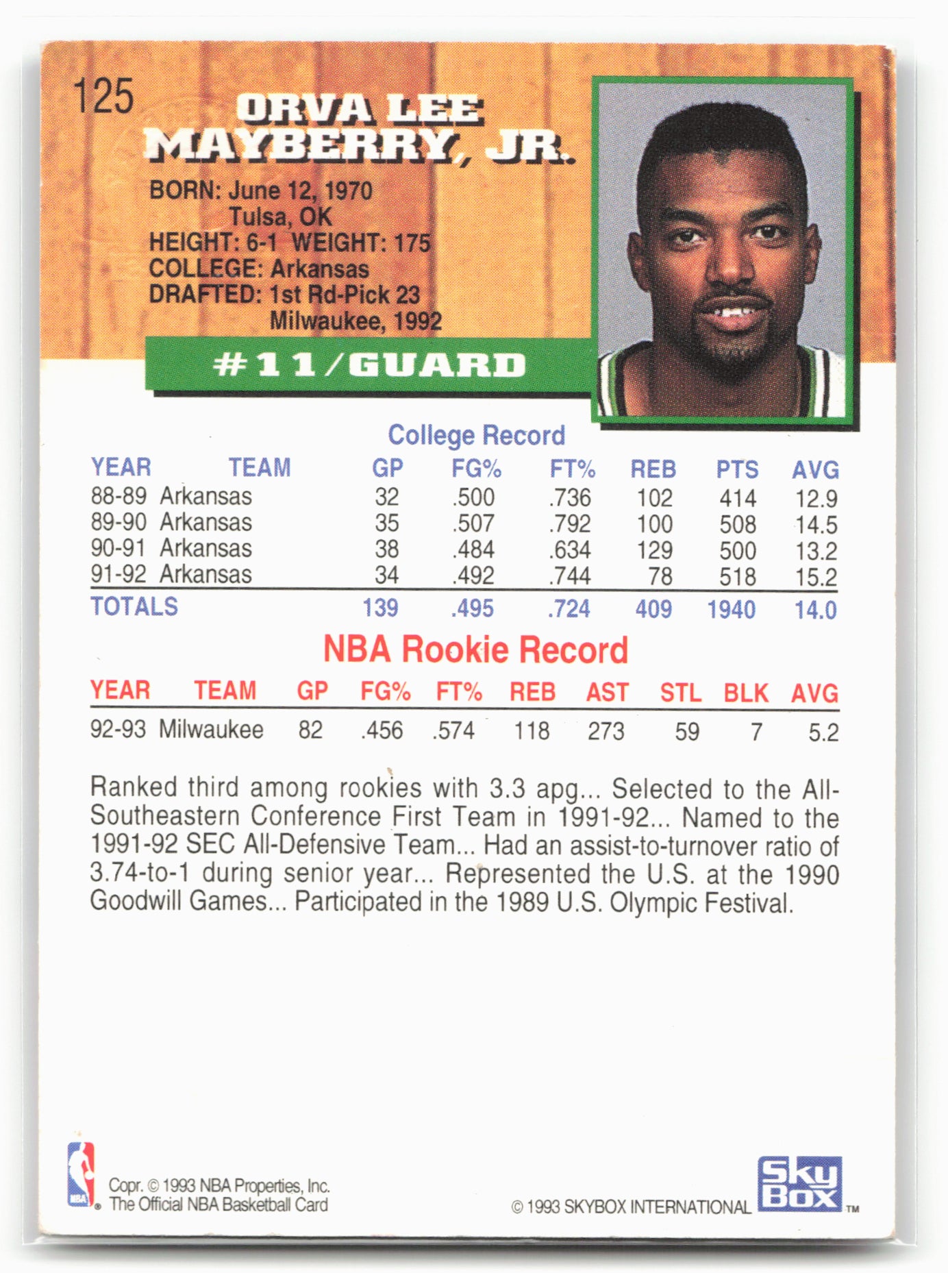 1993-94 Hoops #125 Lee Mayberry Fifth Anniversary Gold